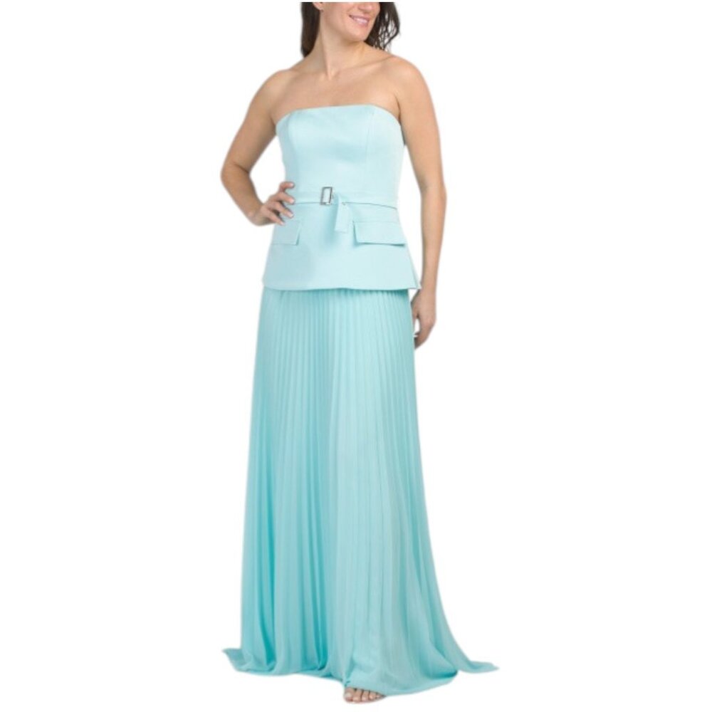 TERANI COUTURE Strapless Gown With Belted Waist And Pleated Skirt